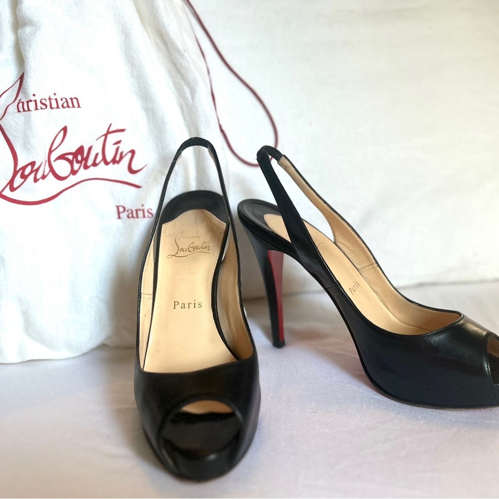 Christian Louboutin, black slingback peep toe heels, size 38